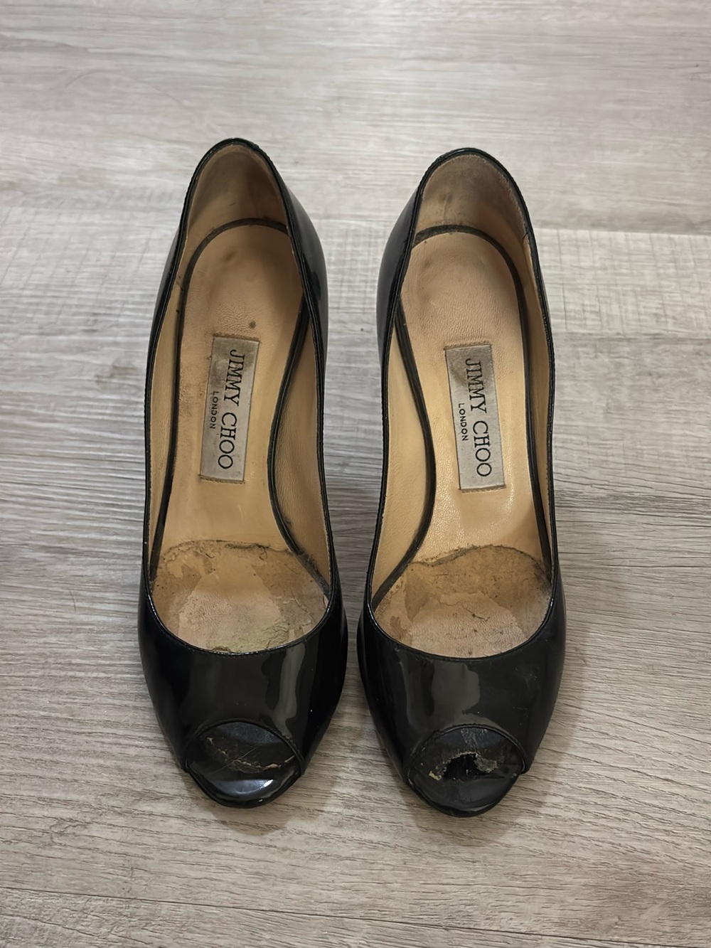 Jimmy Choo Black Patent Peep-Toe Heels